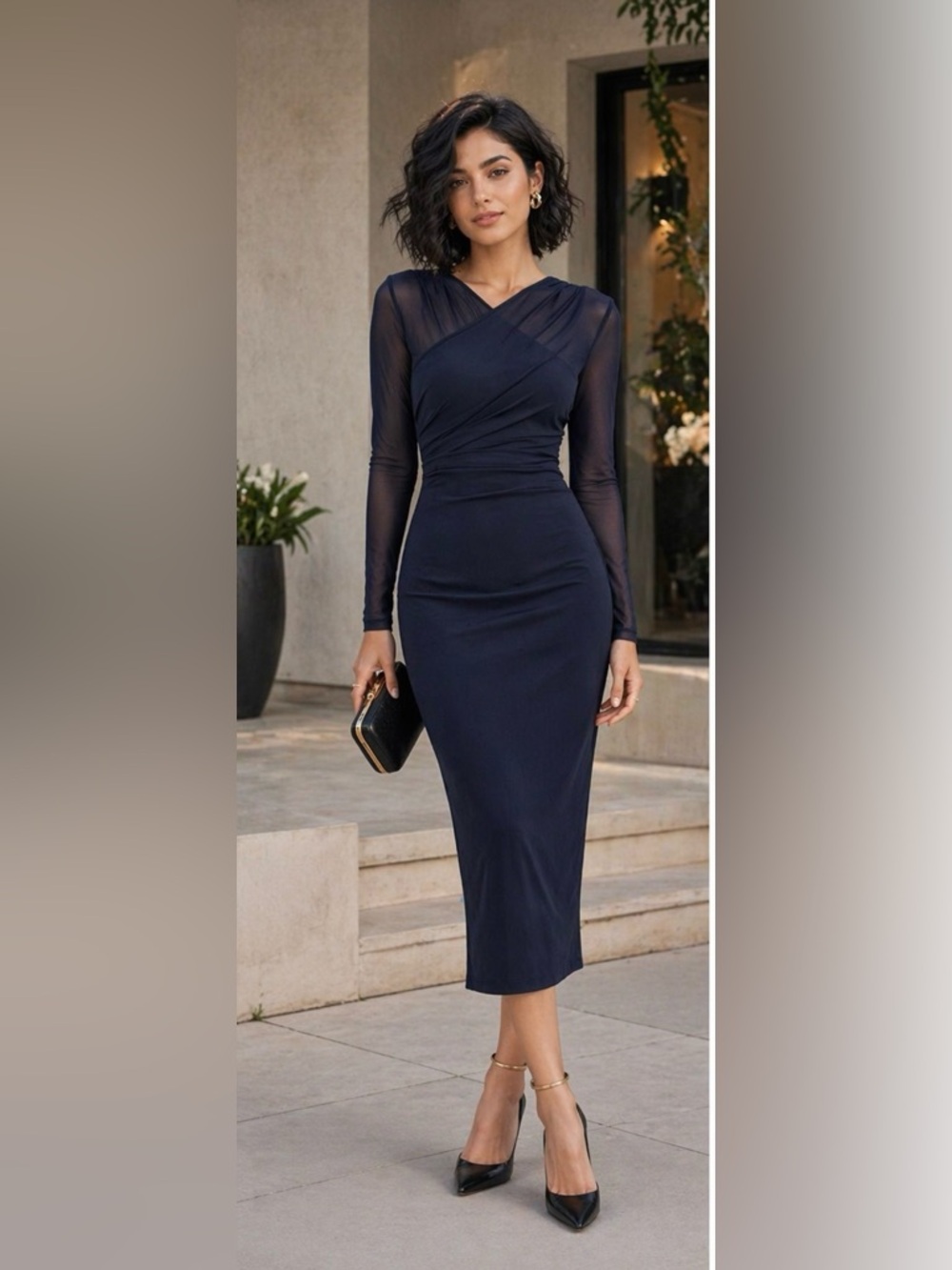 Sheer-Sleeve Navy Wrap Midi Dress